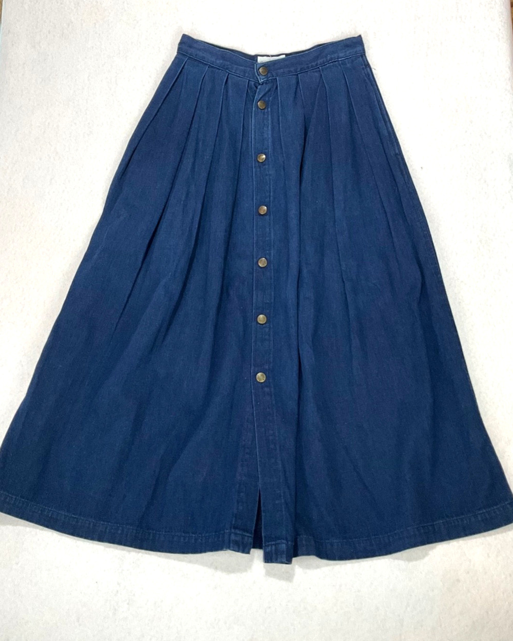 VTG 90s Calvin Klein Midi Jean Skirt 10 Snap Front Pleated Denim Cottage Prairie